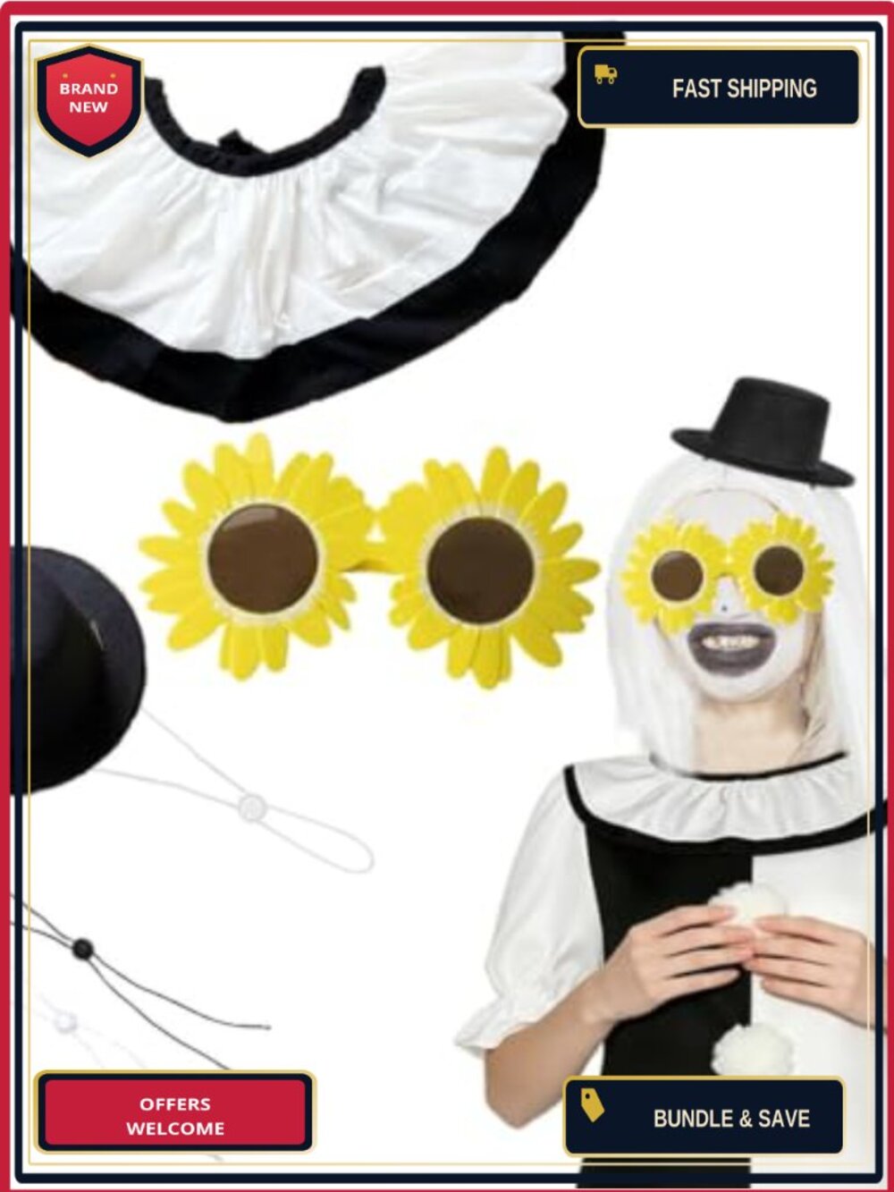 Killer Clown Costume Accessory Set Mini Top Hat Sunflower Glasses Collar